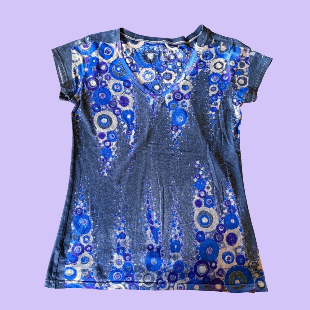Y2K LOL Vintage V-Neck T-Shirt Blue Abstract Circle Bubble Print Scene #18